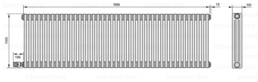 Схема (чертеж) Радиатор Zehnder Charleston 3100/41 №V003 Белый глянцевый RAL 9016